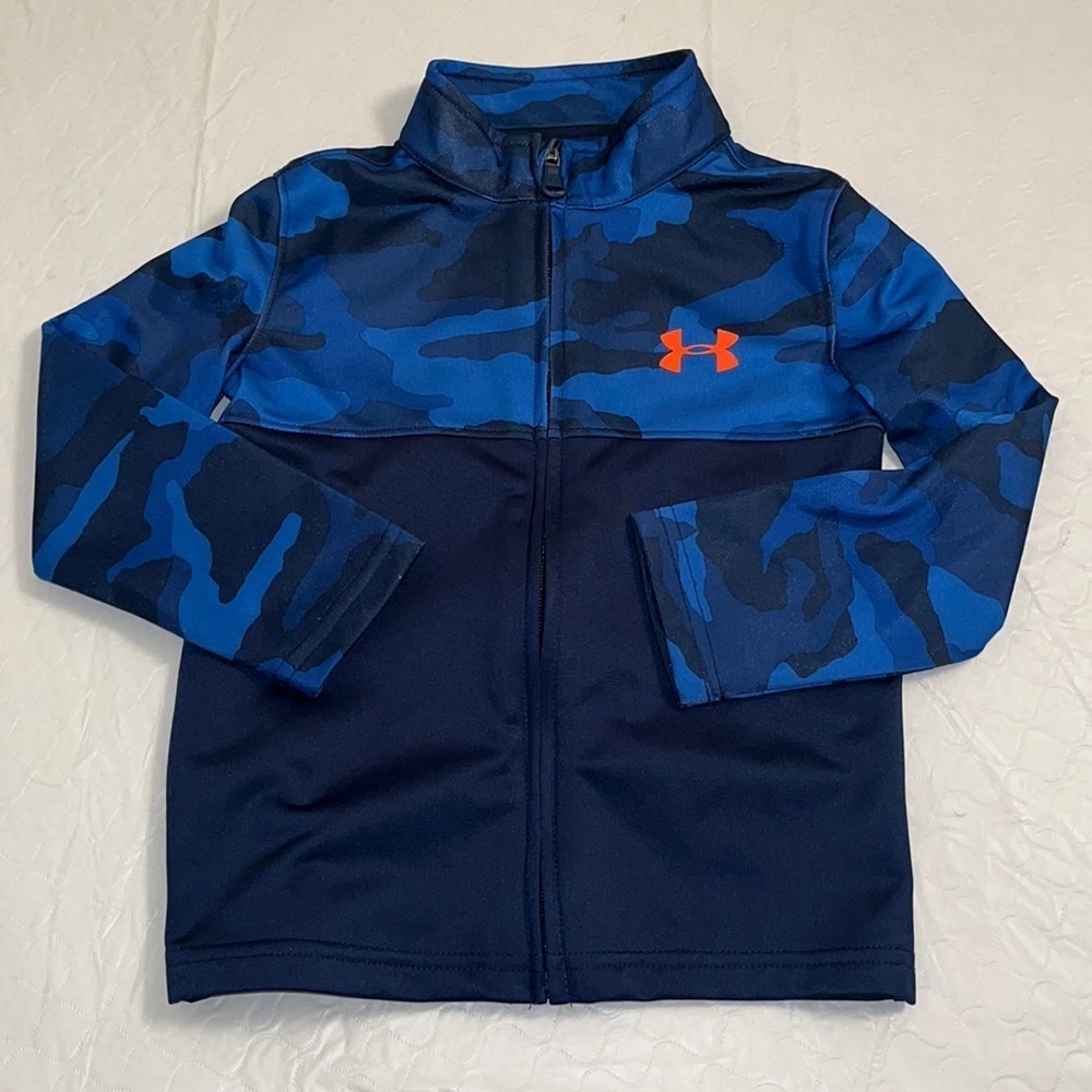 Under Armour blue camouflage full zip track jacket with neon orange logo